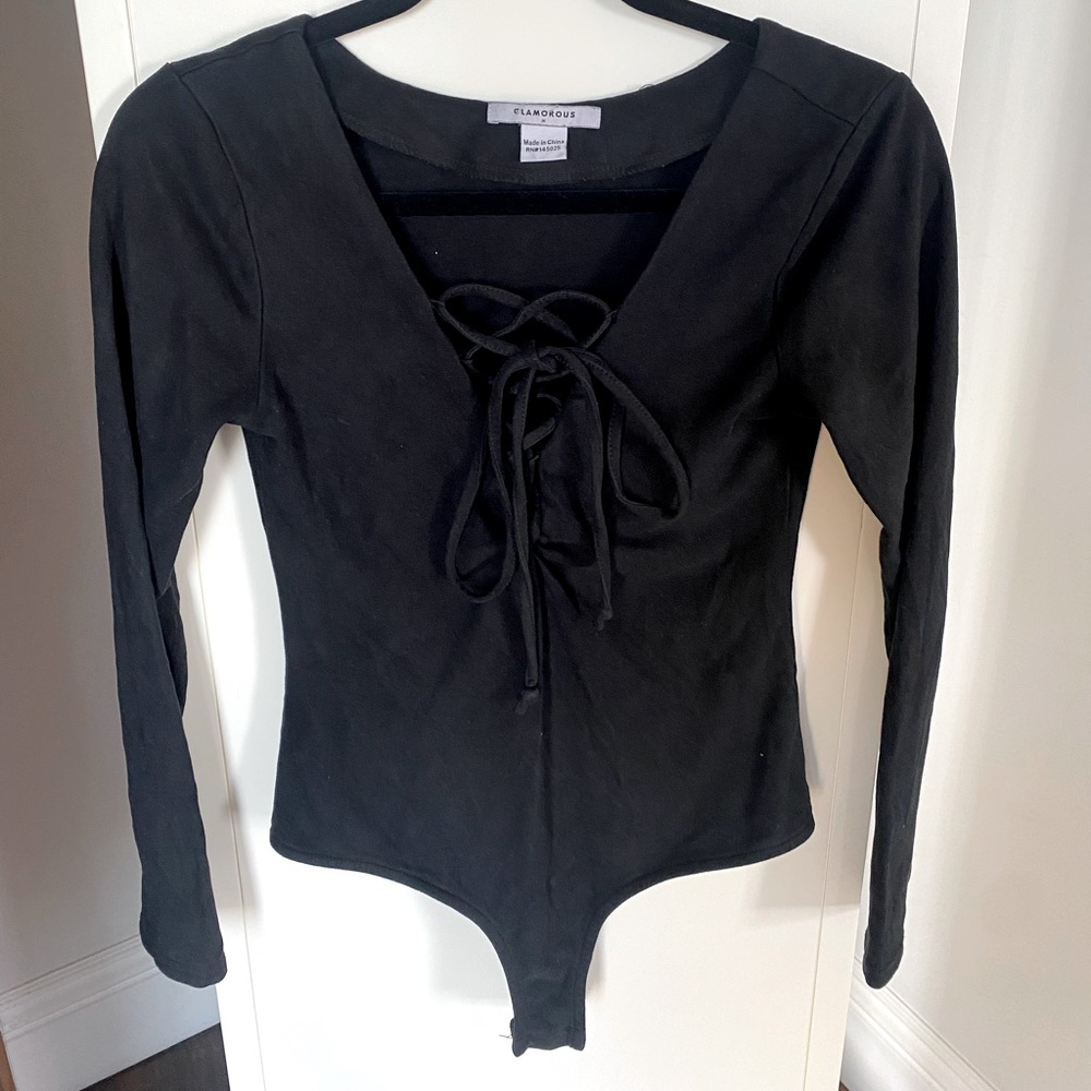 Black suede long sleeve bodysuit